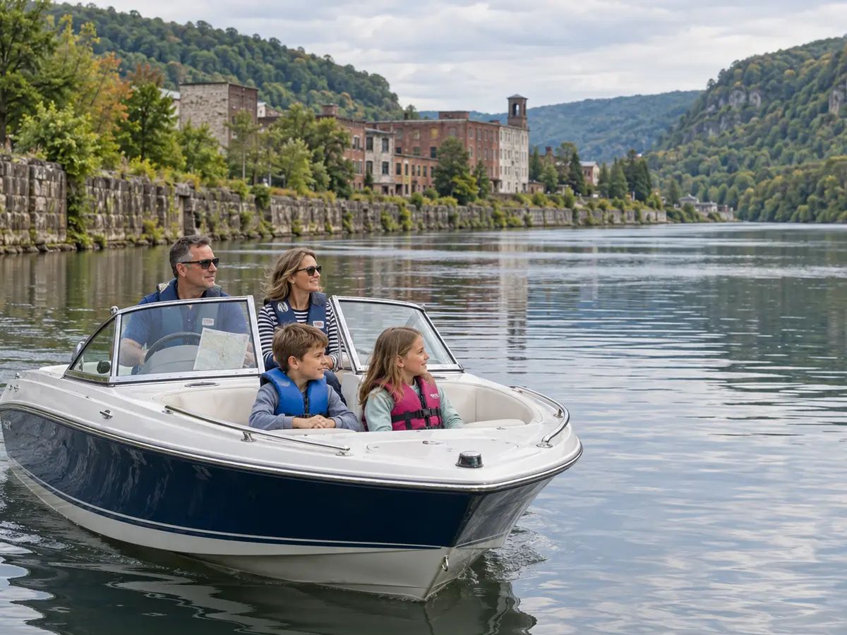 Illustrative family wearing life jackets aboard a generic runabout moving slowly through a green canal valley