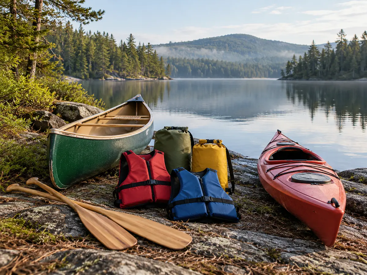 Conceptual canoe, kayak, plain life jackets and dry bags beside generic Adirondack water