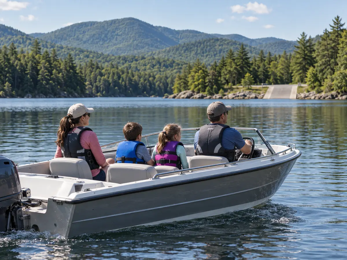 Illustrative life-jacketed family on a generic Adirondack lake