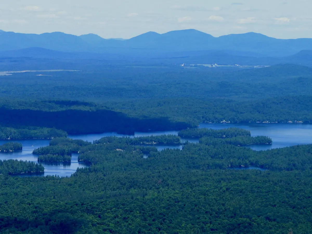Lower Saranac Lake and its forested islands viewed from Ampersand Mountain