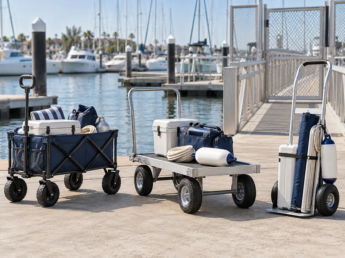 Unbranded folding wagon, flat dock cart and two-wheel hand truck beside a modest boating load