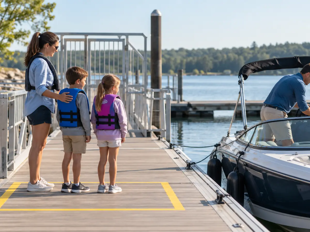 Adult supervising two children in fitted life jackets at a marina waiting area