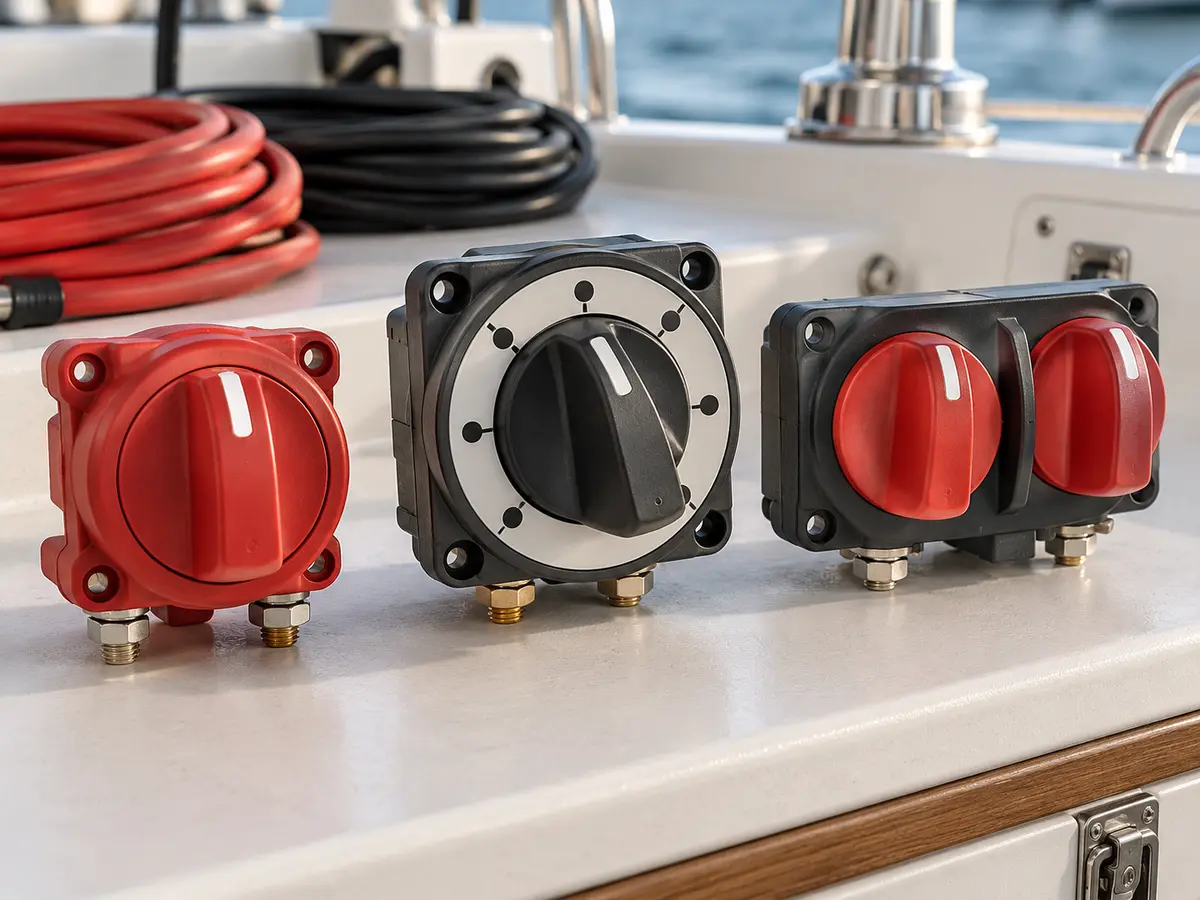 Three generic disconnected marine battery switch categories arranged for comparison