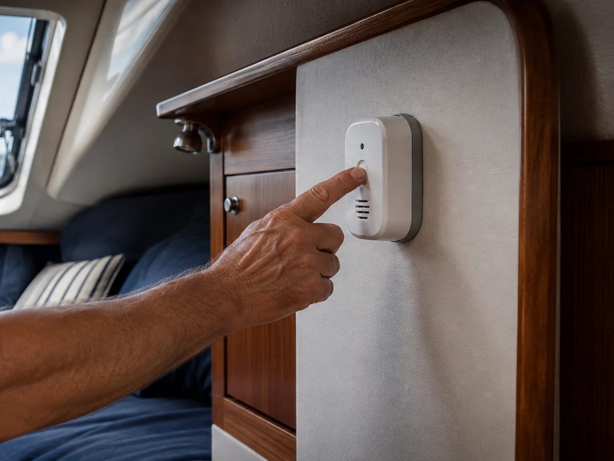 Boat owner testing a marine carbon monoxide alarm inside a cruiser cabin