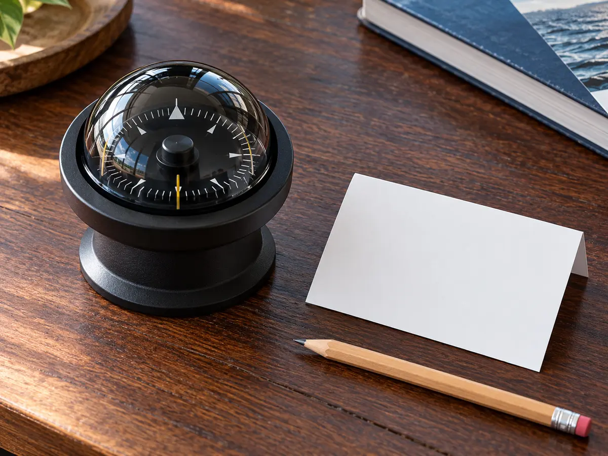Conceptual unbranded marine compass on a low base beside a blank fit card and pencil