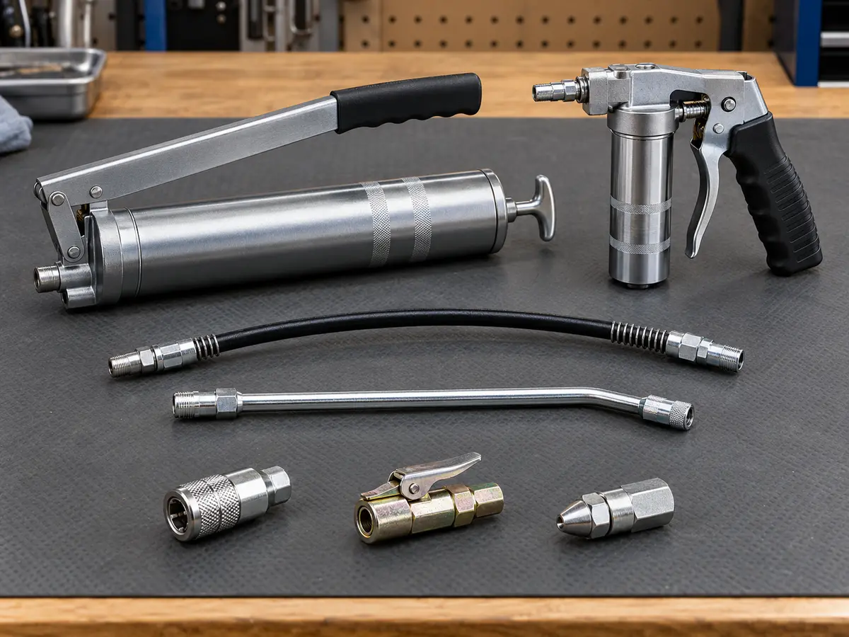 Unbranded lever and pistol-grip grease guns with hose, extension and several generic couplers