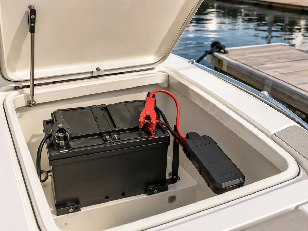 Portable lithium jump starter connected to one 12-volt marine starting battery