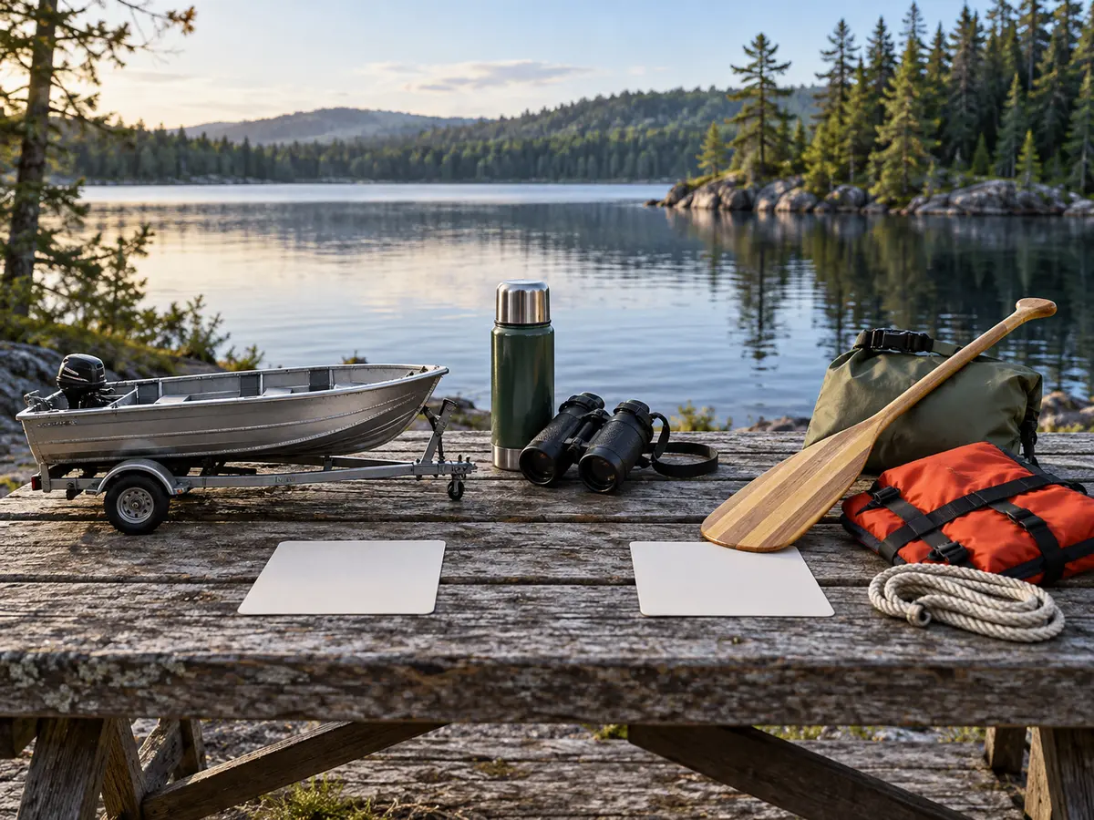 Conceptual trailer boat and cartop-paddling kit arranged as two separate access choices beside a generic northern lake