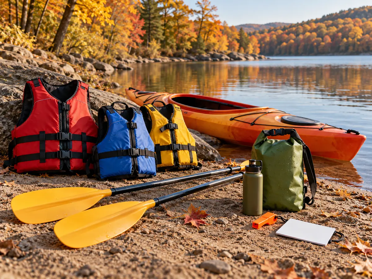 Conceptual kayak, fitted life jackets, paddles and dry bag beside a generic autumn park lake
