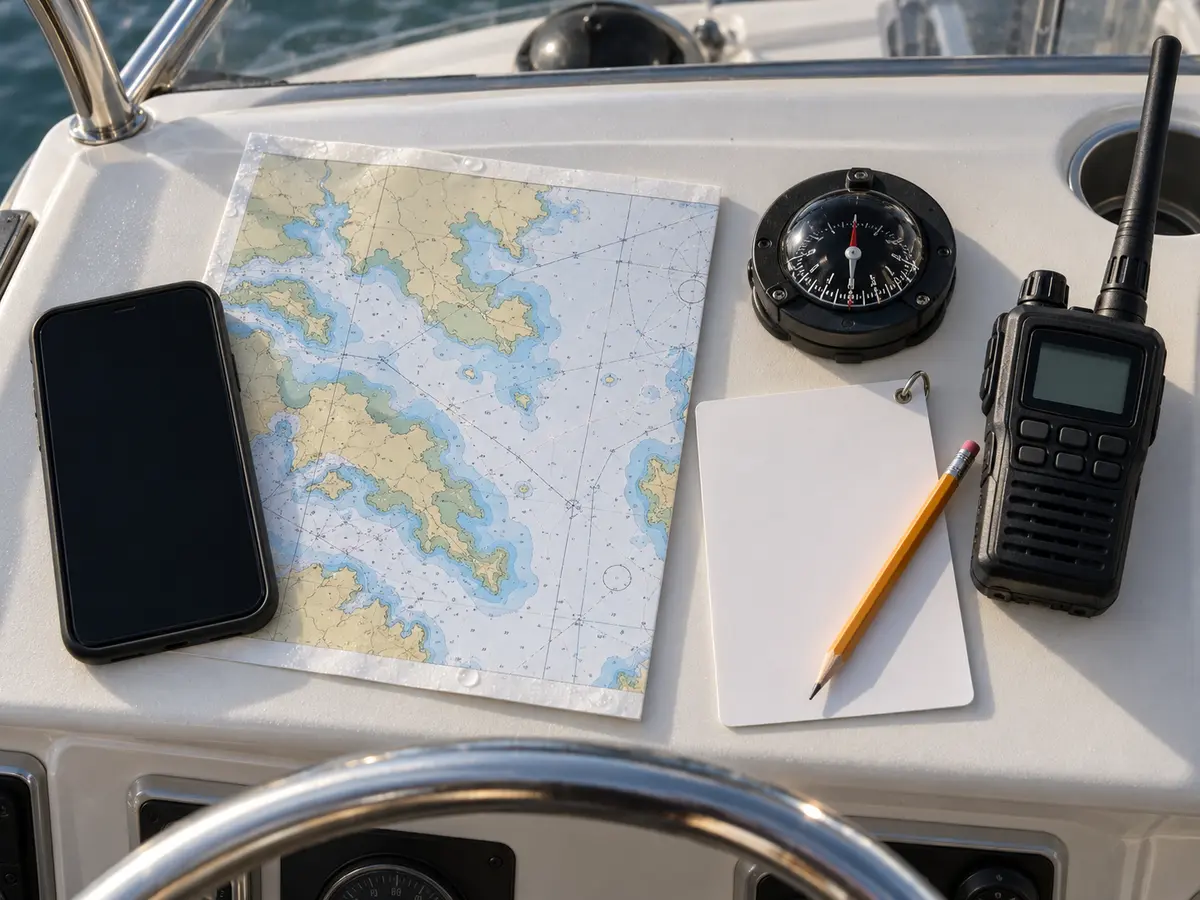 Conceptual dark phone beside abstract chart, compass, blank route card, pencil and handheld VHF on a dry helm