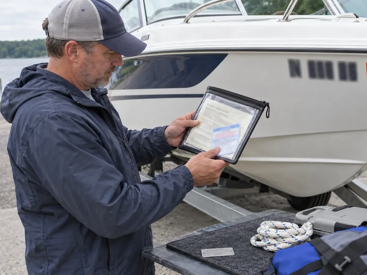 Illustrative boater reviewing generic documents beside a trailer boat with unreadable bow numbers