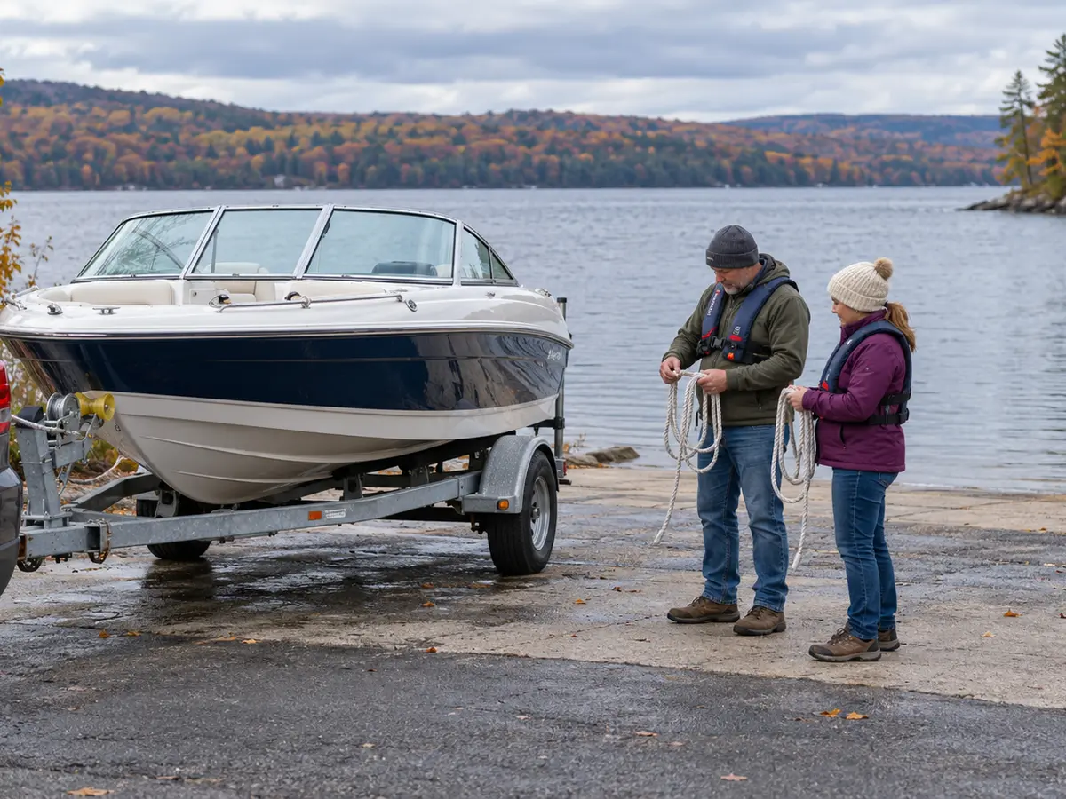 Two adults in life jackets reviewing lines beside a trailered boat at a dockless autumn ramp