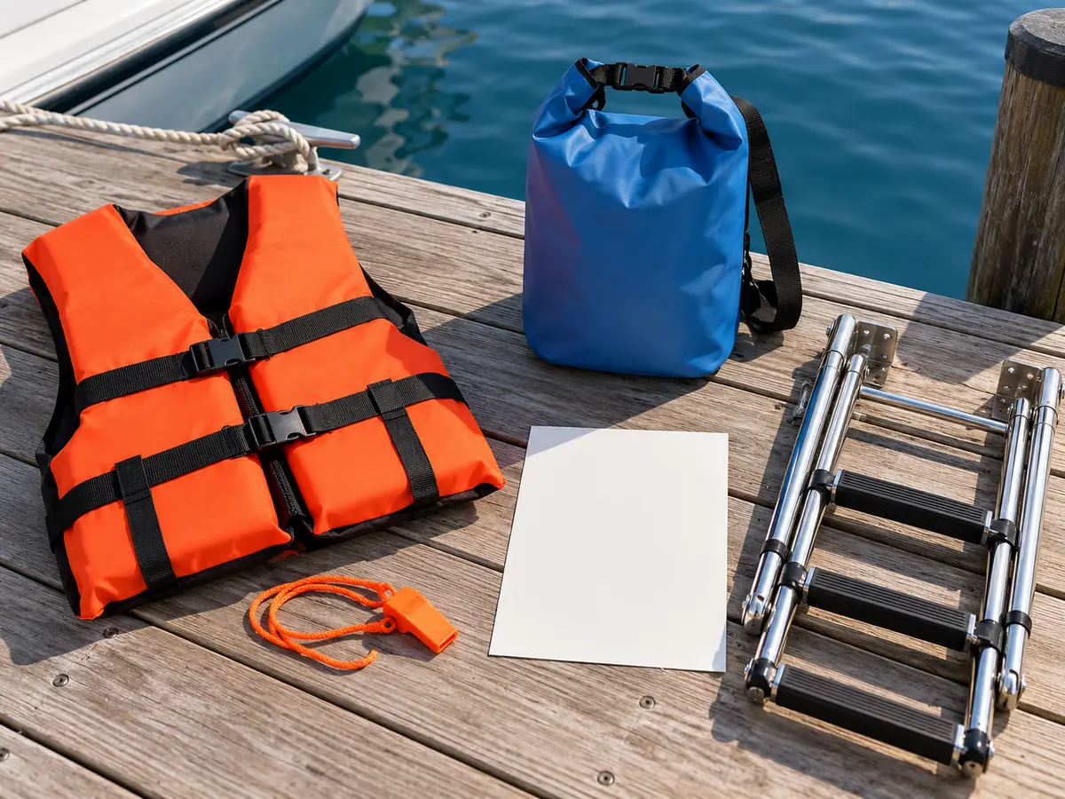 Conceptual inherently buoyant life jacket, whistle, dry bag, boarding ladder and blank passenger plan