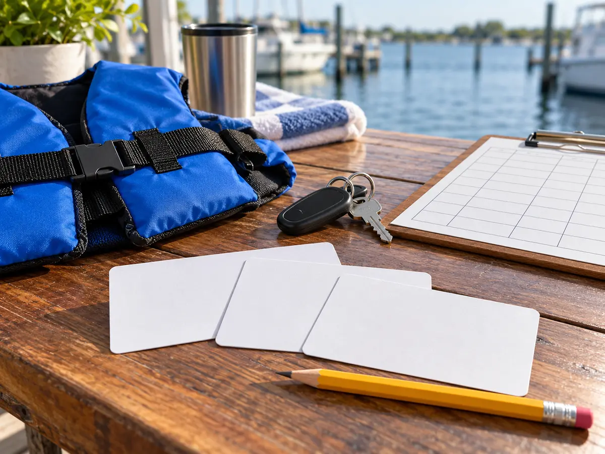 Conceptual blank study cards and family roster grid with boat keys and a life-jacket buckle