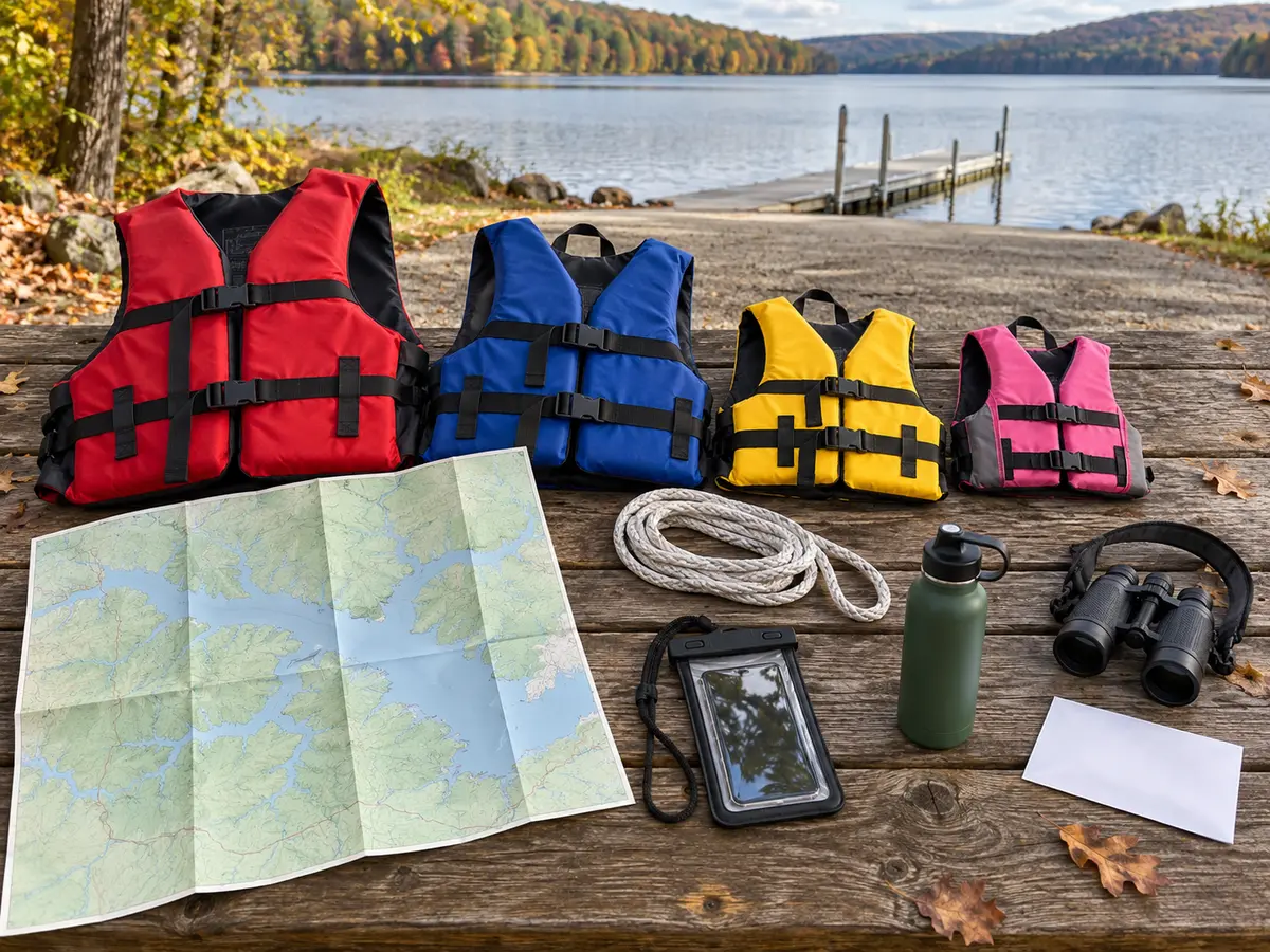Conceptual Onoville family trip-planning kit with four life jackets, dock line, map and binoculars