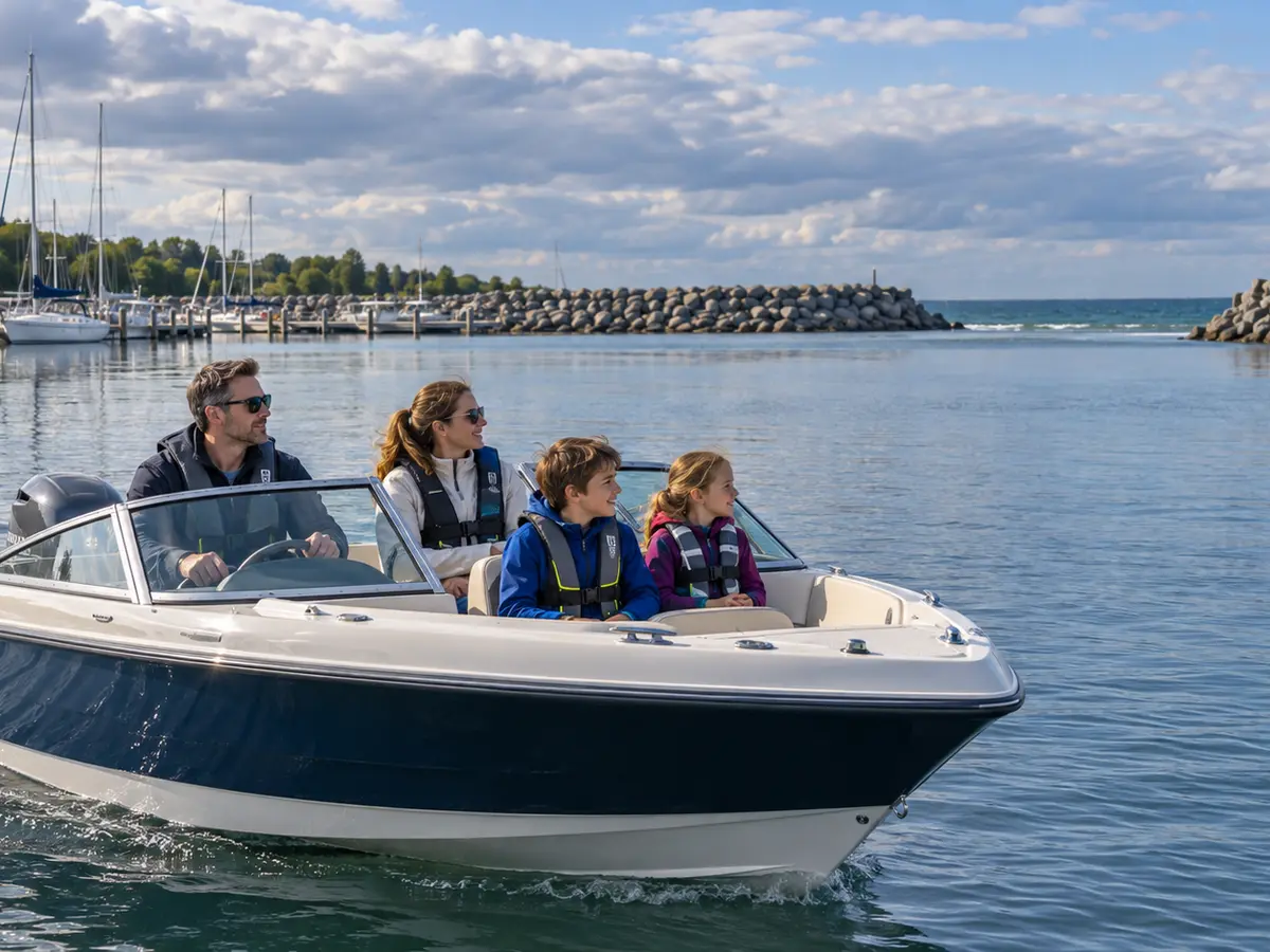 Illustrative life-jacketed family aboard a generic runabout inside a protected freshwater harbor