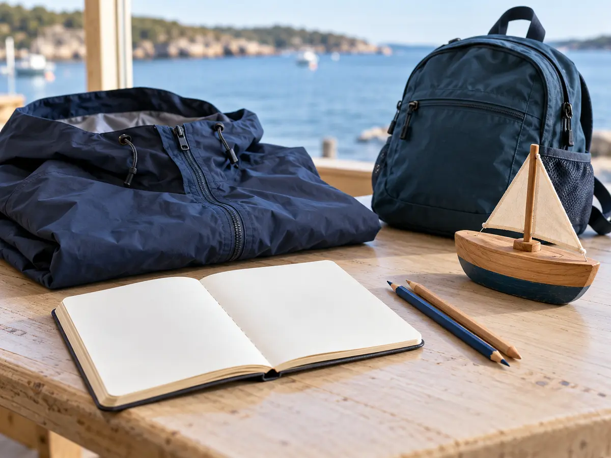 Conceptual rain shell, daypack, blank sketchbook and toy sailboat; not a museum or Oswego photograph