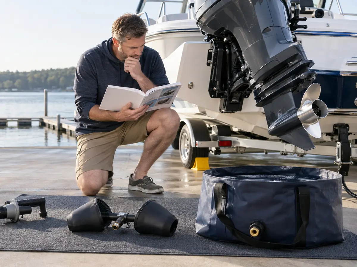 Boat owner reading an engine manual beside an off outboard with three unbranded flushing-tool categories staged separately