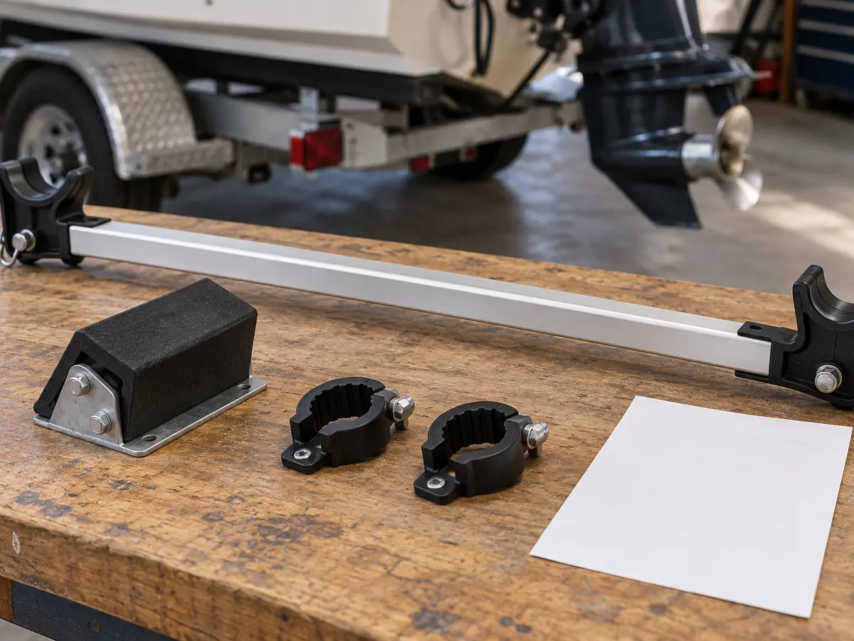 Conceptual outboard trailering-support categories arranged on a dry workshop bench