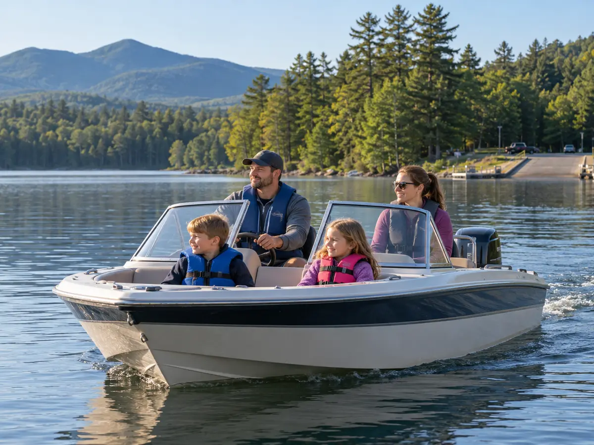 Illustrative life-jacketed family on a generic Adirondack lake