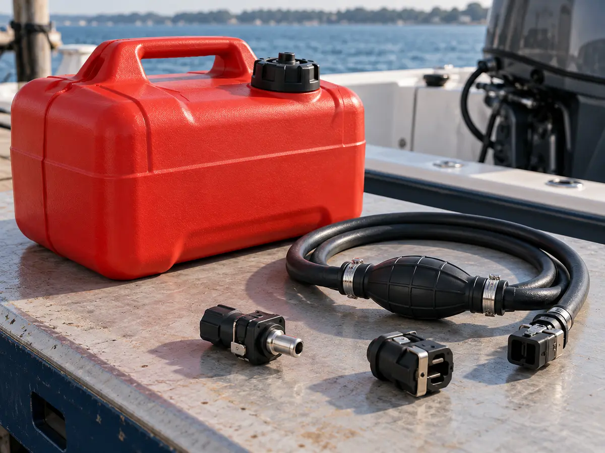 Illustrative unbranded portable marine fuel tank, hose, primer bulb and different connector fittings