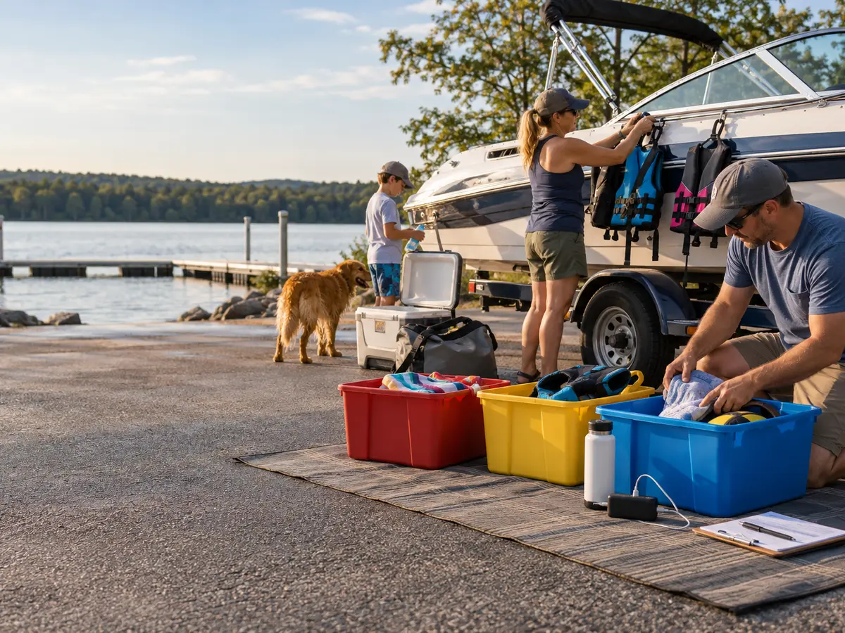 Family sorting wet boat-day gear into three bins beside a secured trailer boat