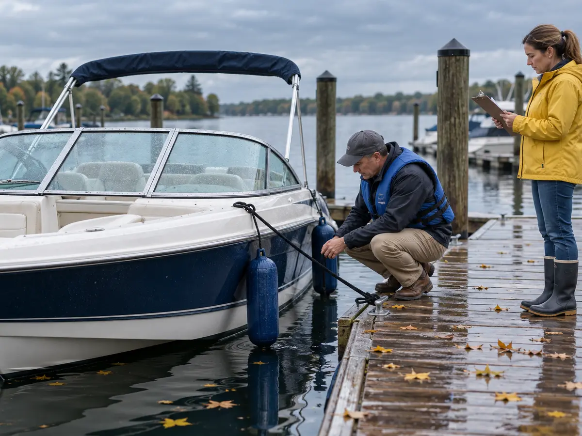 Adult inspecting dock lines beside a secured boat after rain