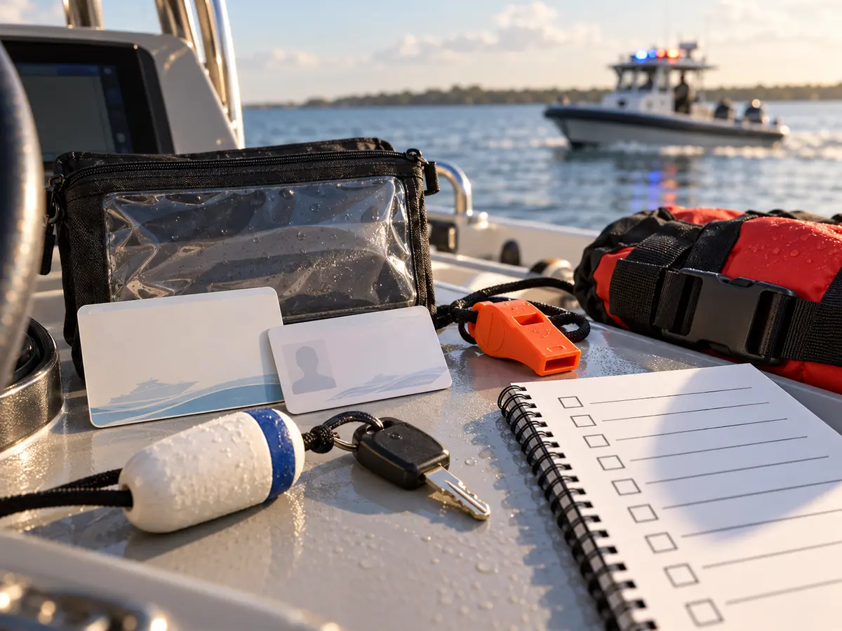 Conceptual blank vessel records, whistle, key float and checklist with an unbranded patrol boat in the distance