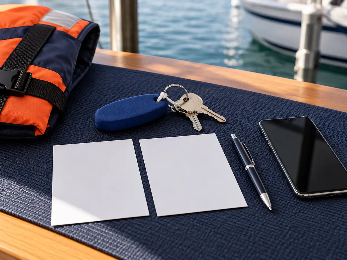 Conceptual rental handover kit with floating key fob, blank papers, phone and life jacket