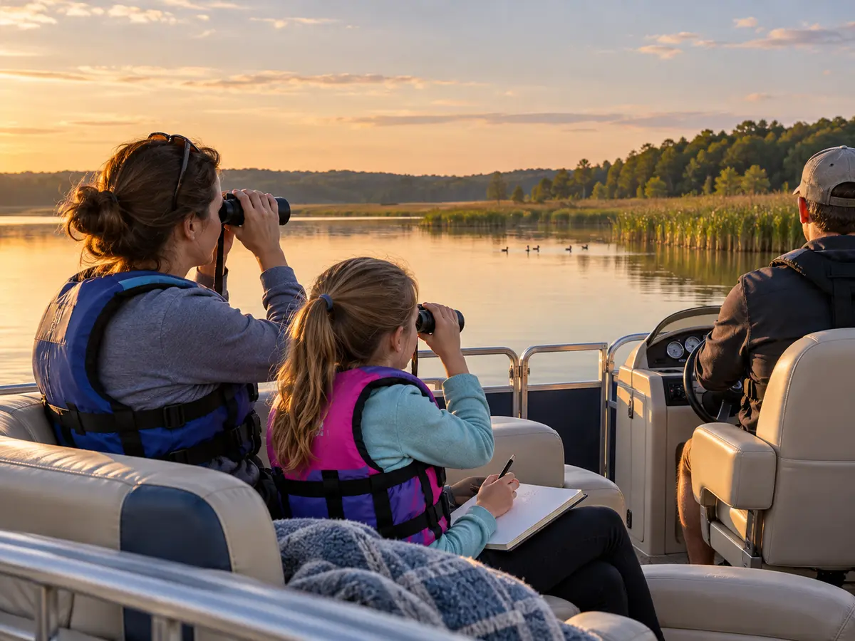 Life-jacketed family quietly viewing distant generic water birds through binoculars from a stopped boat
