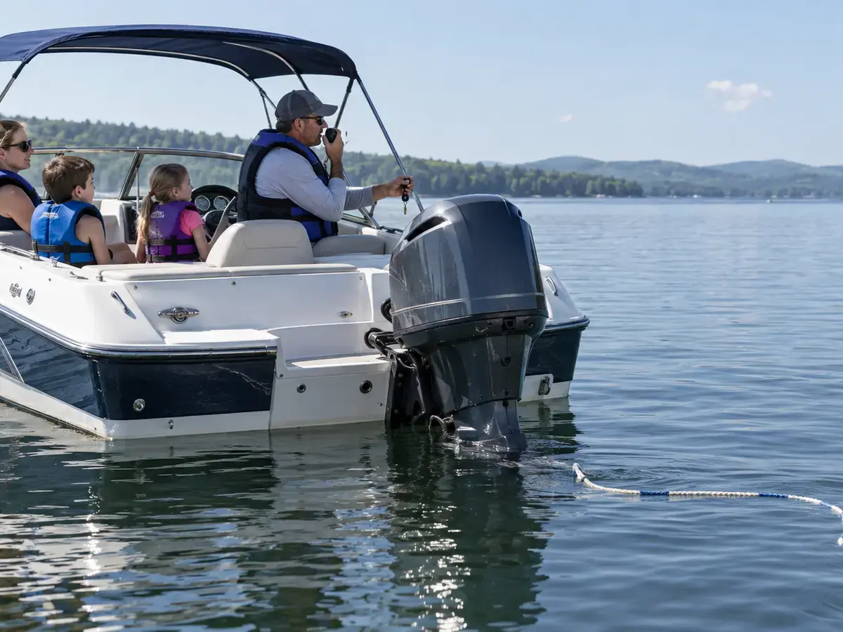 Life-jacketed family seated in a stopped runabout while the operator uses a VHF and loose rope floats behind the stern