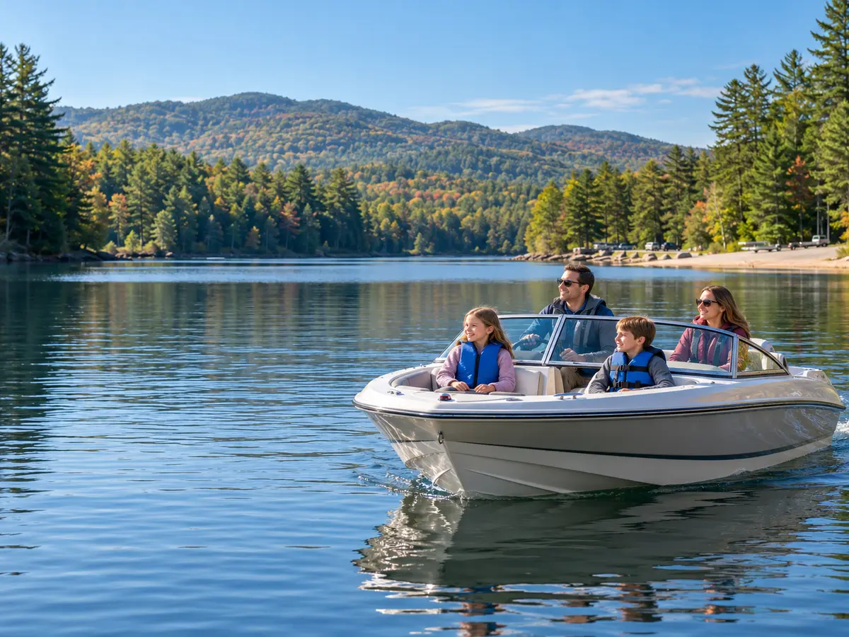 Conceptual life-jacketed family in a runabout on a calm wooded Adirondack lake