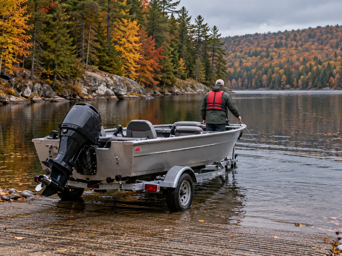 Conceptual aluminum trailer boat at a forested inland reservoir launch