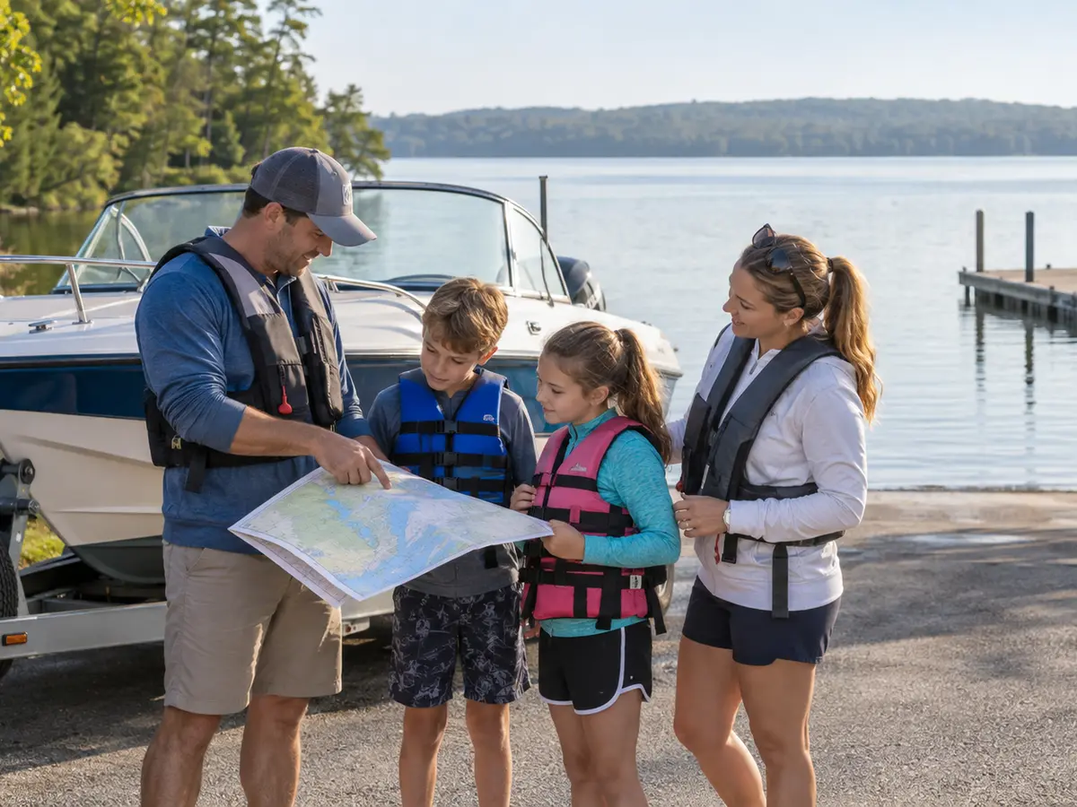 Life-jacketed family reviewing a lake chart beside a runabout at an illustrative inland New York launch