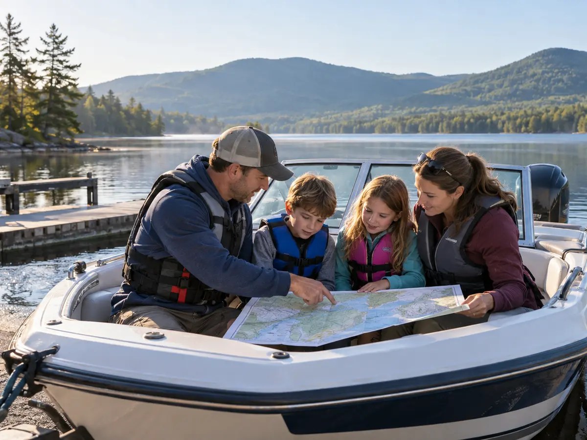 Life-jacketed family reviewing a map aboard a generic runabout at an illustrative Adirondack mountain-lake launch