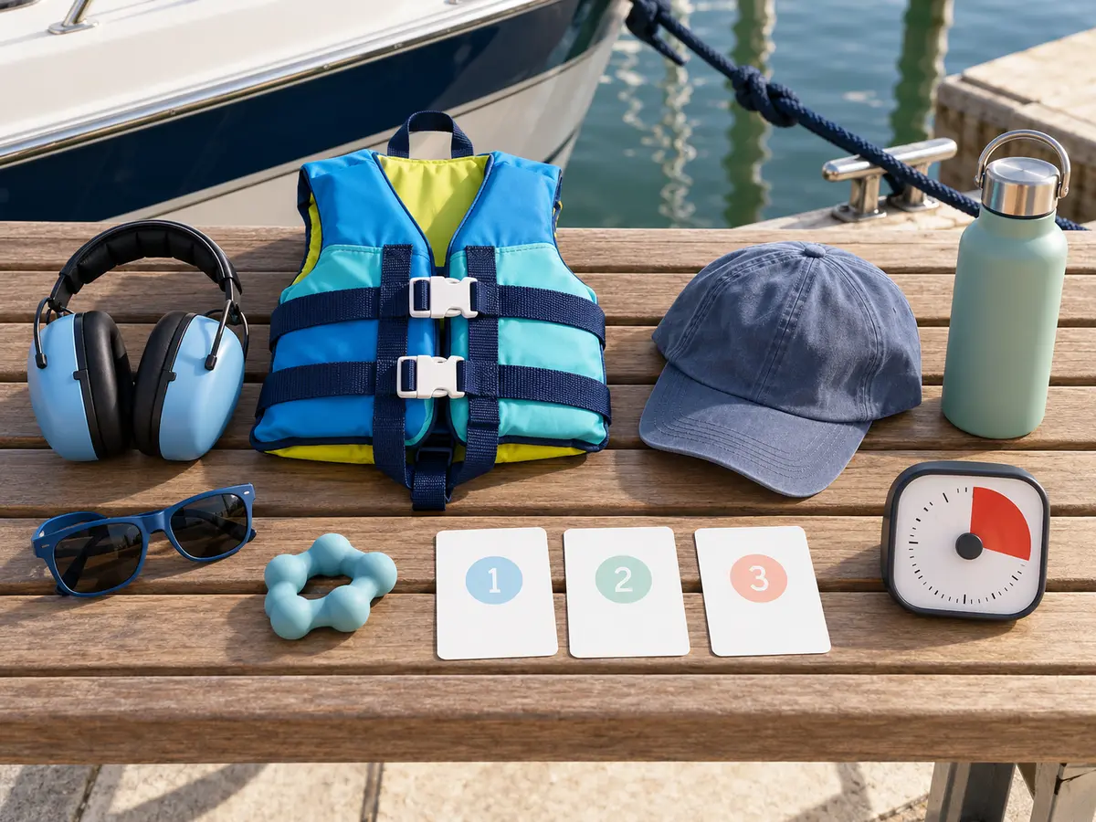 Conceptual earmuffs, child life jacket, cap, sunglasses, fidget, sequence cards, timer and water bottle on a dock