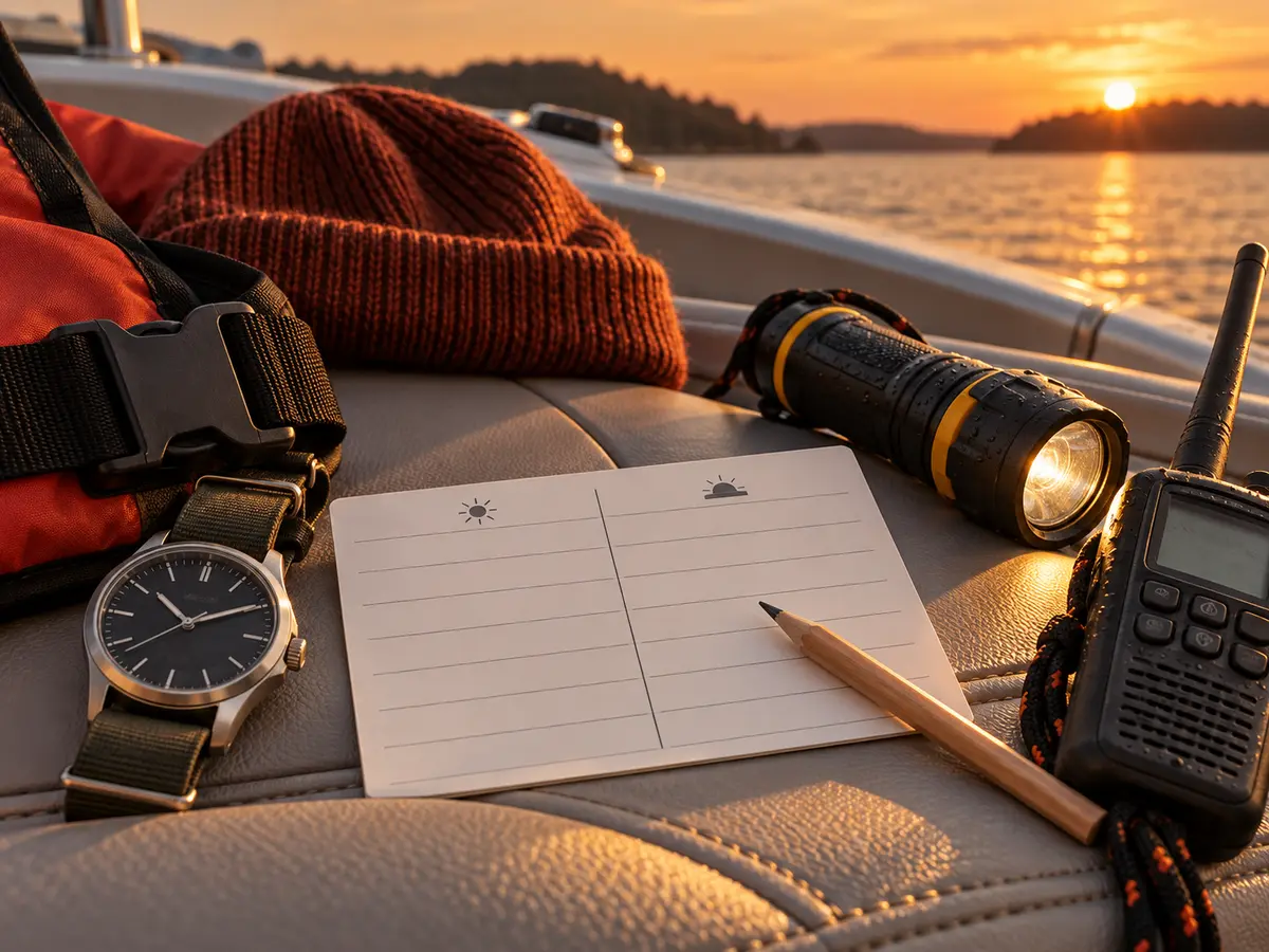 Return-time card and cold-weather boat equipment near sunset