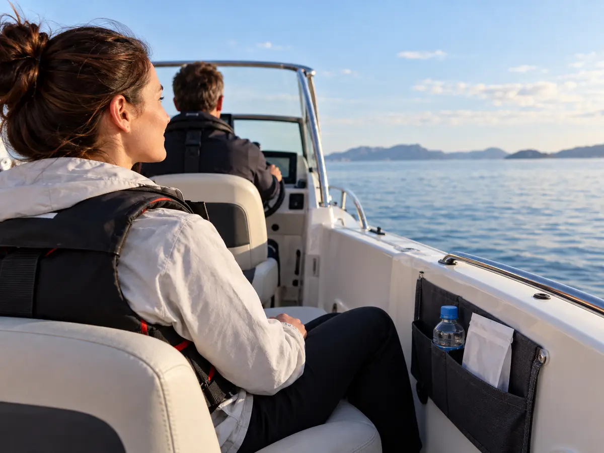 Life-jacketed passenger seated securely and looking at the horizon on a generic small boat