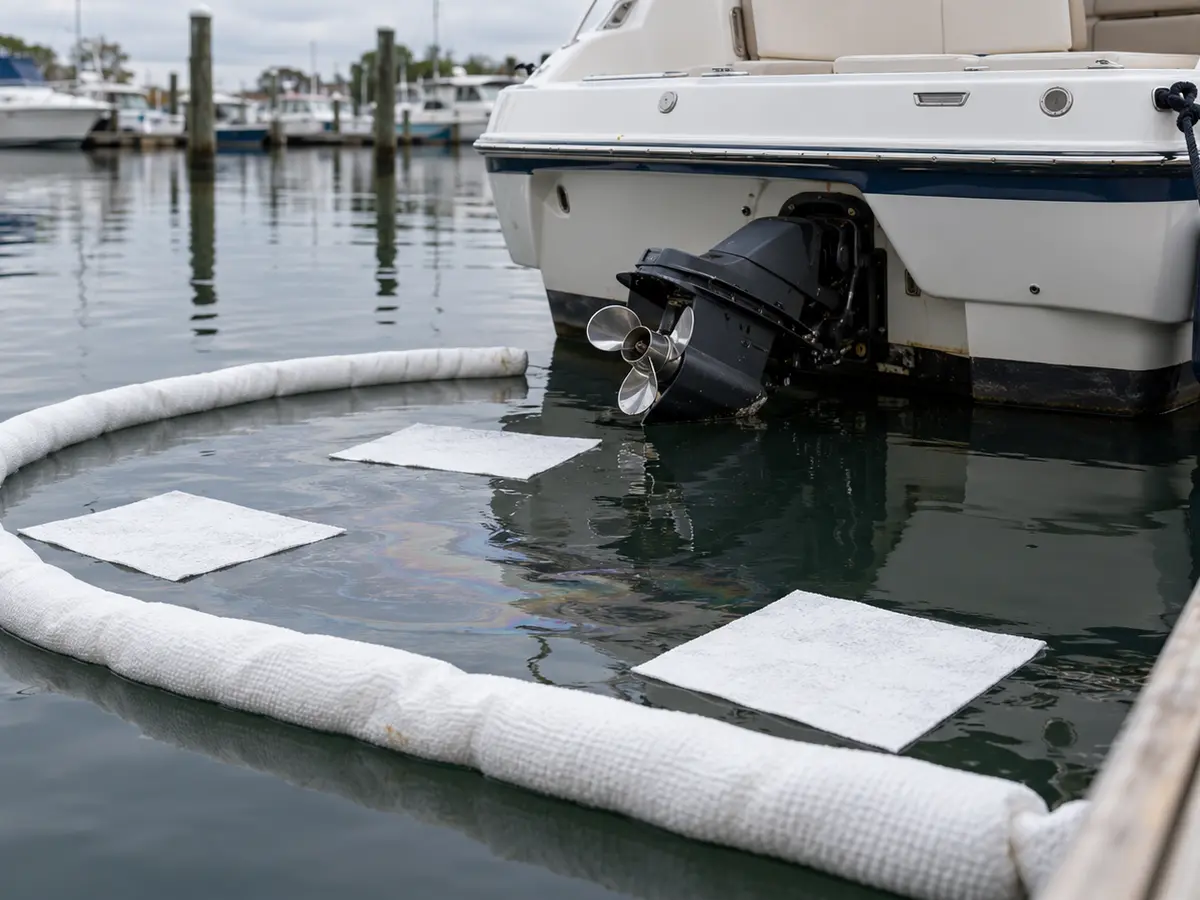 Illustrative absorbent pads and boom containing a small sheen beside a secured recreational boat