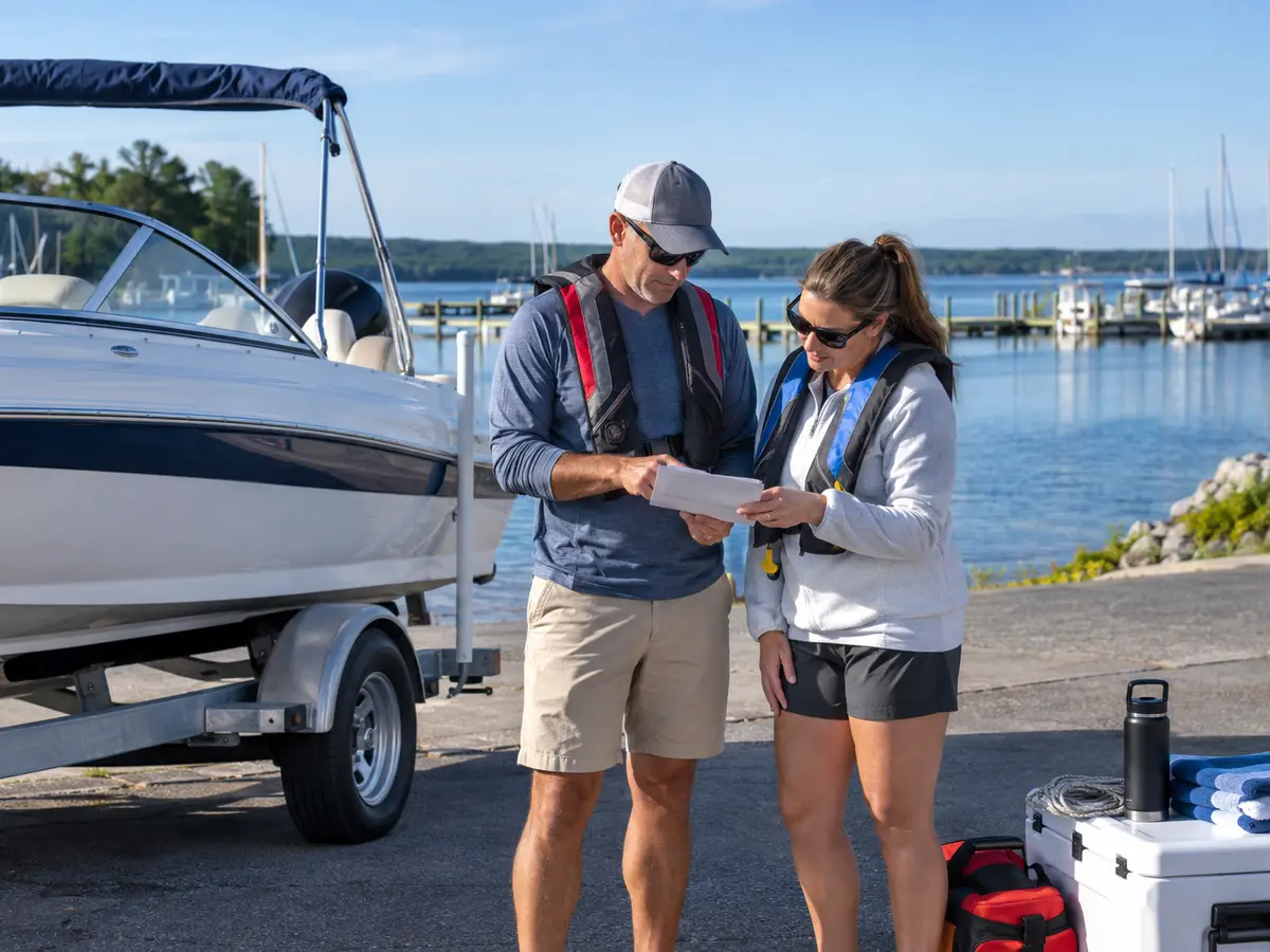Two adults in life jackets reviewing a boating checklist beside a trailer boat at a generic sheltered freshwater harbor