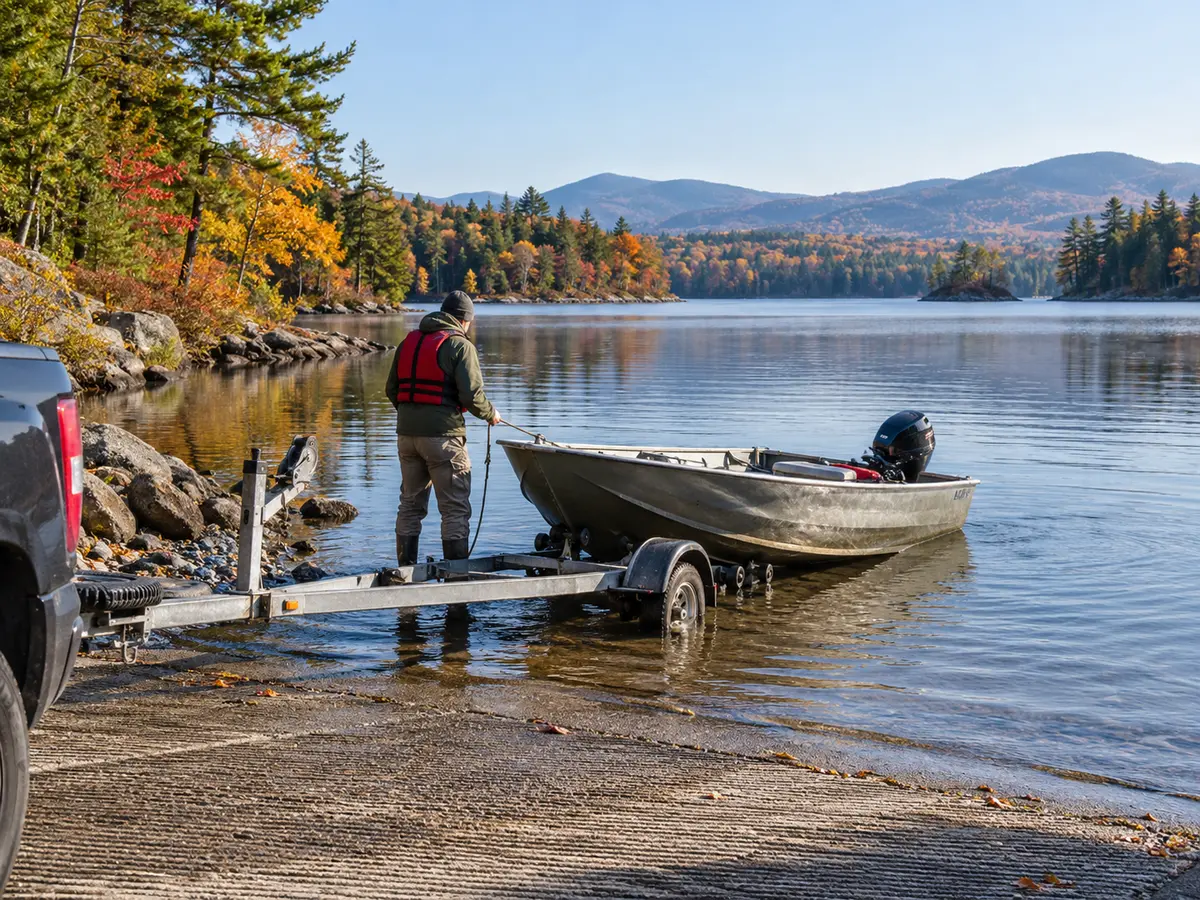 Conceptual small aluminum boat at a remote forested Adirondack reservoir ramp in autumn