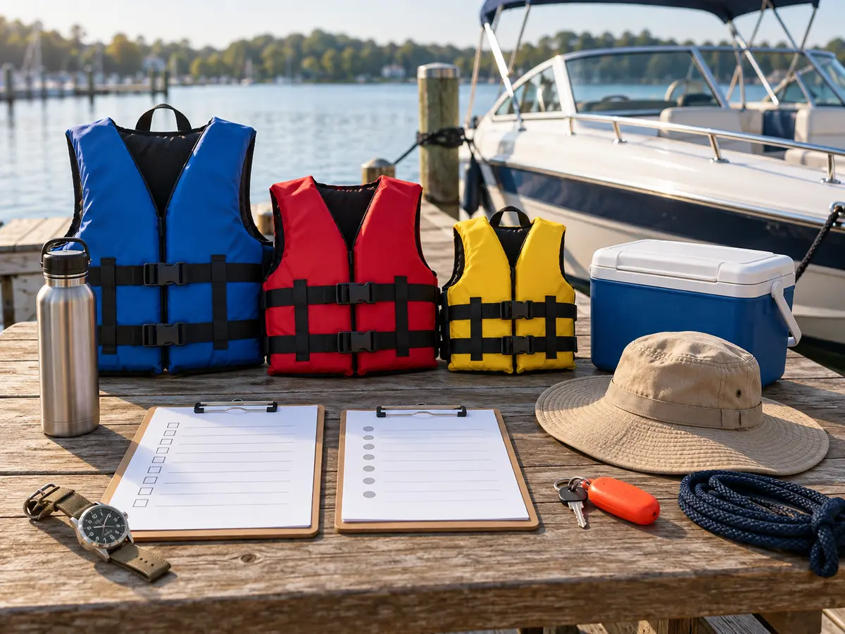 Conceptual adult and child life jackets, water, shade, cooler, blank checklists and return-time watch beside a secured boat