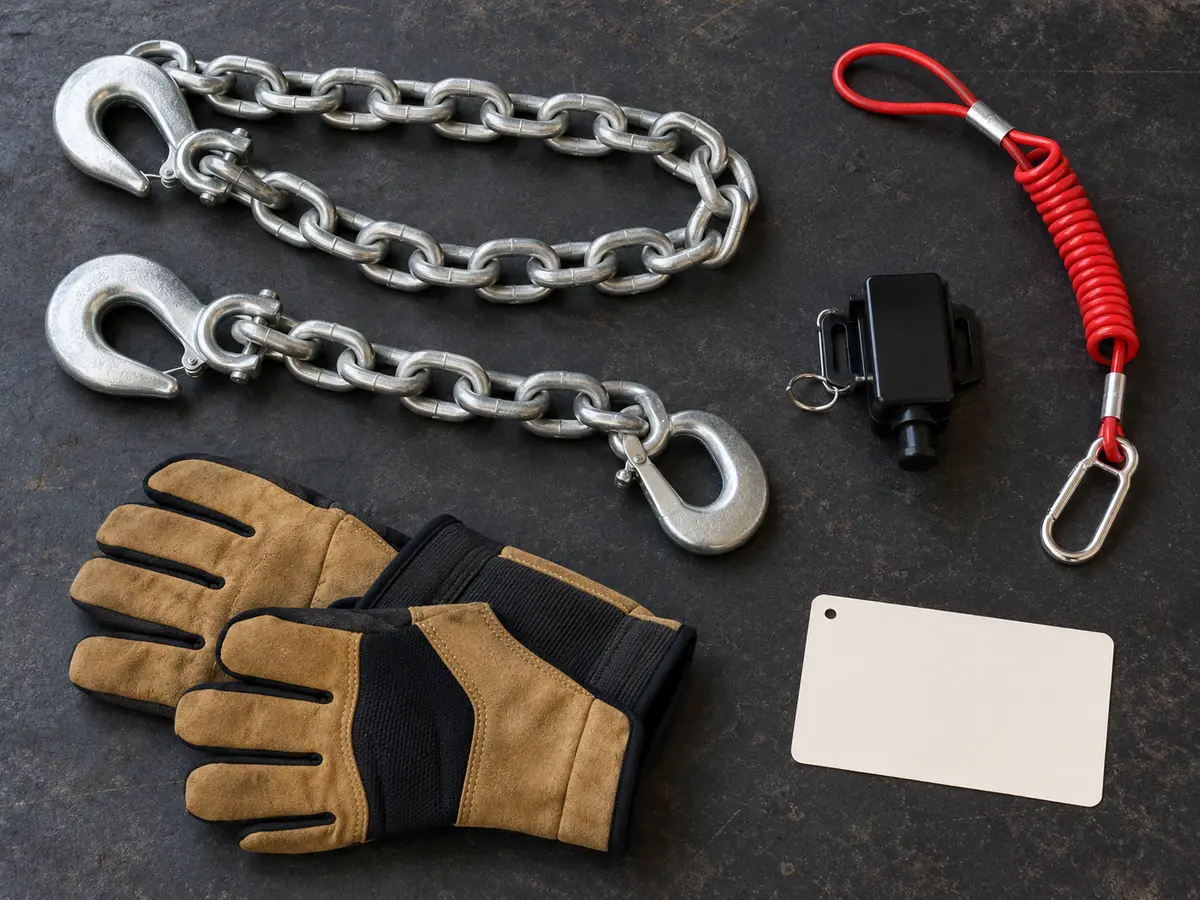 Conceptual trailer safety chains, breakaway switch category, gloves and a blank fit card