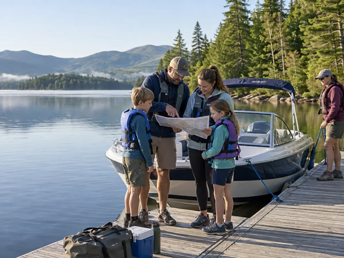 Family in fitted life jackets reviewing a chart beside a runabout at a generic wooded Adirondack lake dock