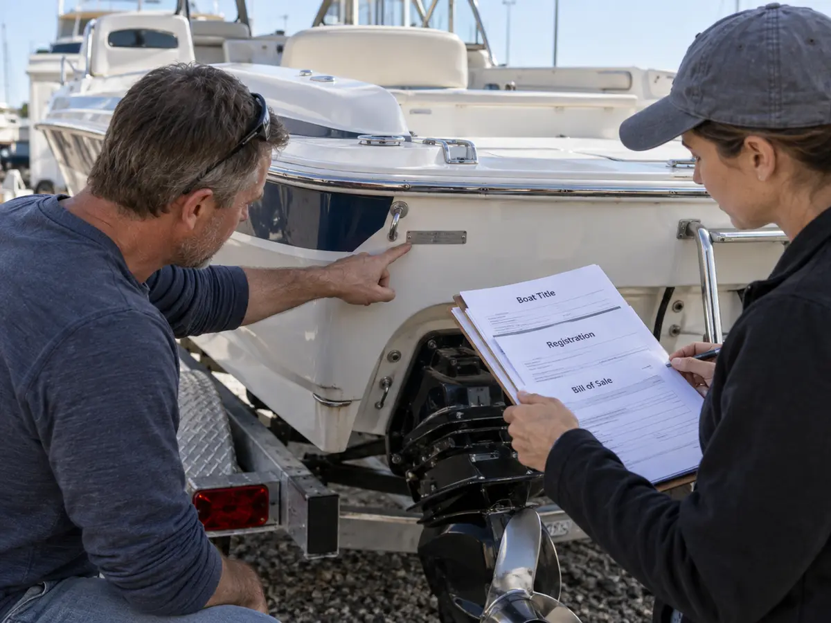 Buyer and seller comparing a generic hull identification plate with title, registration and bill-of-sale paperwork
