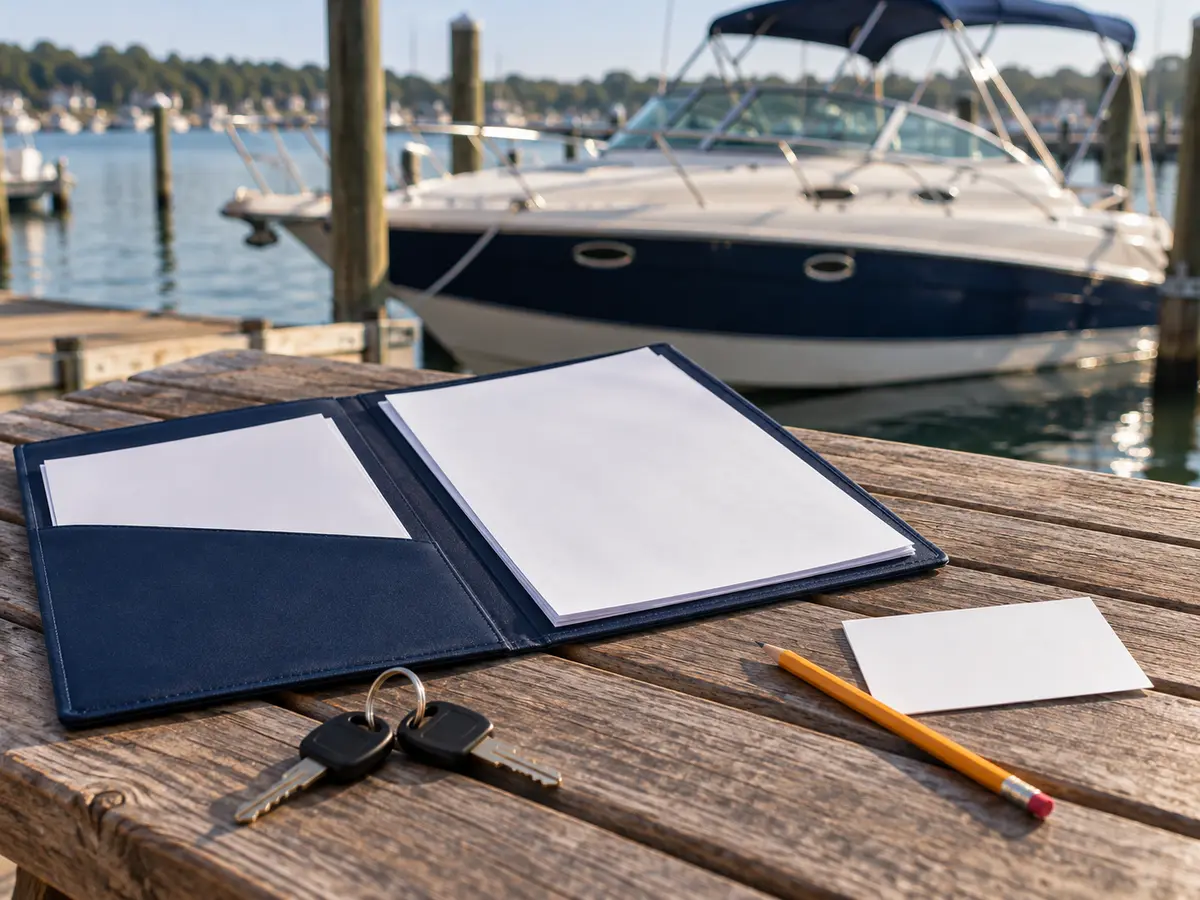 Conceptual blank document folder and note card, pencil and boat keys on a dockside table; no official form
