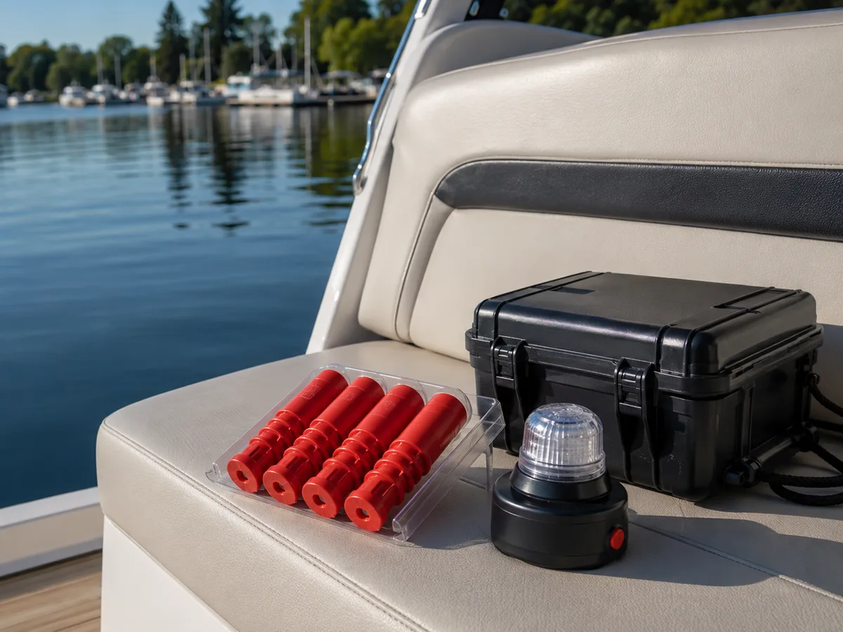 Red marine flares and an electronic visual distress light staged in a dry cockpit kit
