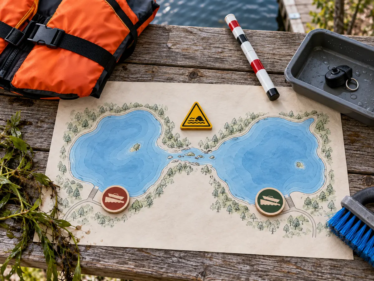 Conceptual two-lake launch kit with two ramp choices and a conditional shallow channel