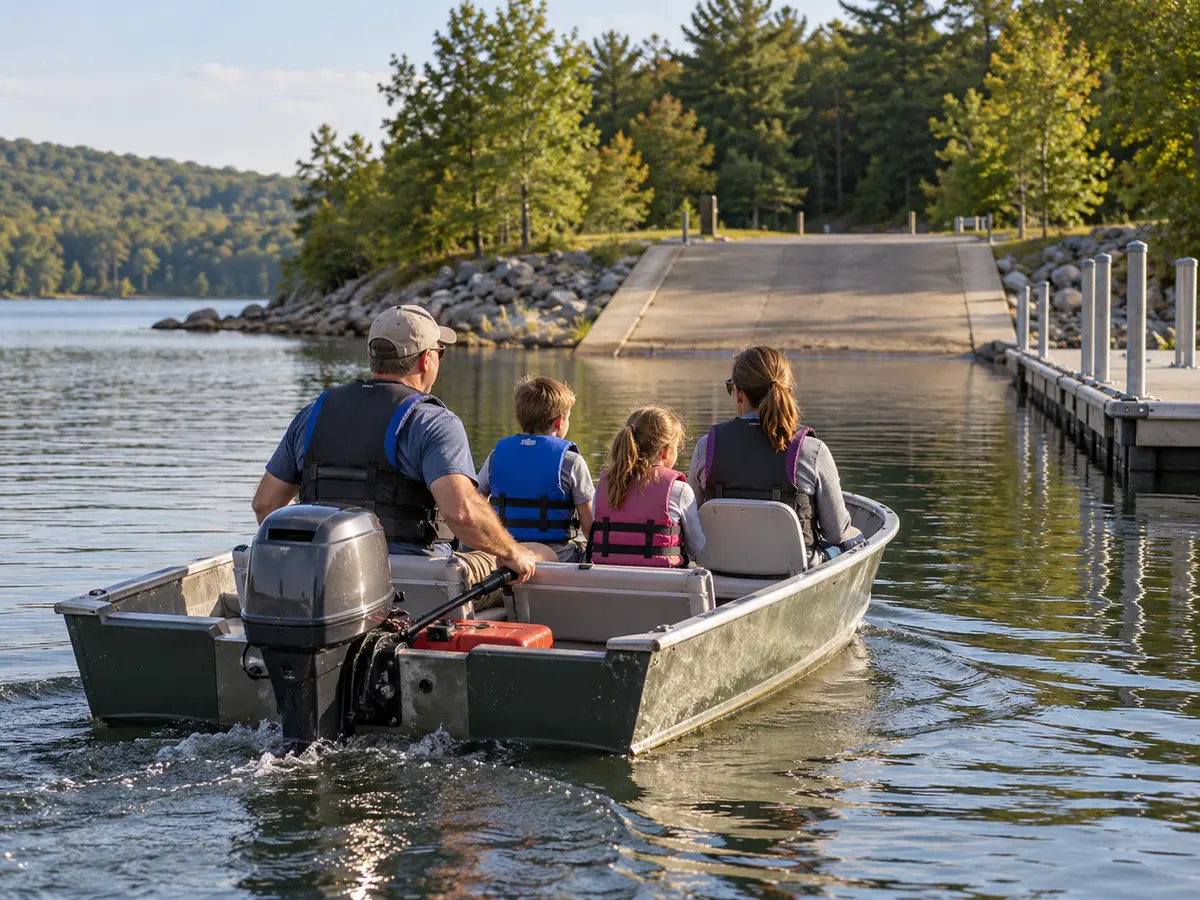 Illustrative life-jacketed family returning to a generic reservoir launch at idle