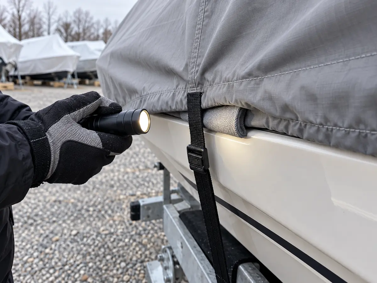 Gloved hand using a flashlight to inspect a fitted boat-cover edge, strap and padded chafe point